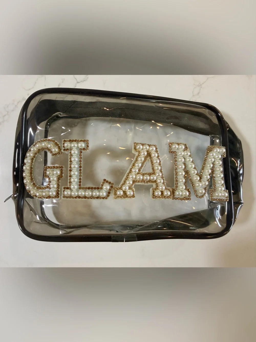 Clear GLAM Pearl-Embellished Cosmetic Bag